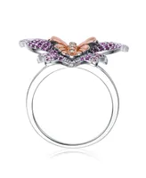 Genevive Elegant Sterling Silver & Rose Gold-Plated Multicolor Cubic Zirconia Butterfly Ring