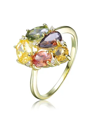 Genevive Yellow Gold Plated Multi Colored Cubic Zirconia Heart Setting Ring 