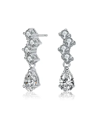 Genevive Sterling Silver with Rhodium Plated Clear Pear and Round Cubic Zirconia ZigZag Drop Earrings