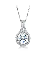 Genevive Sterling Silver with Rhodium Plated Round Cubic Zirconia Drop Pendant Necklace