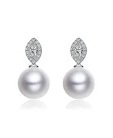 Elegant Sterling Silver & Rhodium-Plated Freshwater Pearl Earrings with Marquise Cubic Zirconia