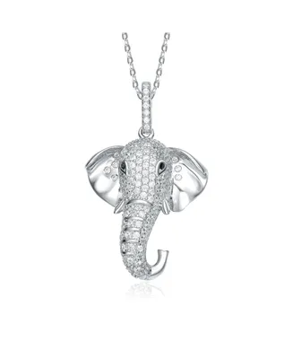 Genevive Rhodium-Plated with Cubic Zirconia Iced Out Lucky Elephant Head Pendant Necklace in Sterling Silver