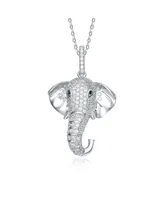 Rhodium-Plated with Cubic Zirconia Iced Out Lucky Elephant Head Pendant Necklace in Sterling Silver