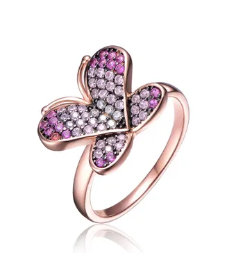 Genevive Sterling Silver 18K Rose Plated Cubic Zirconia Butterfly Floral Ring