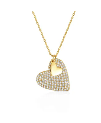 Genevive Sterling Silver 14k Yellow Gold Plated with Cubic Zirconia Pave Double Dangle Heart Charm Pendant Layering Necklace
