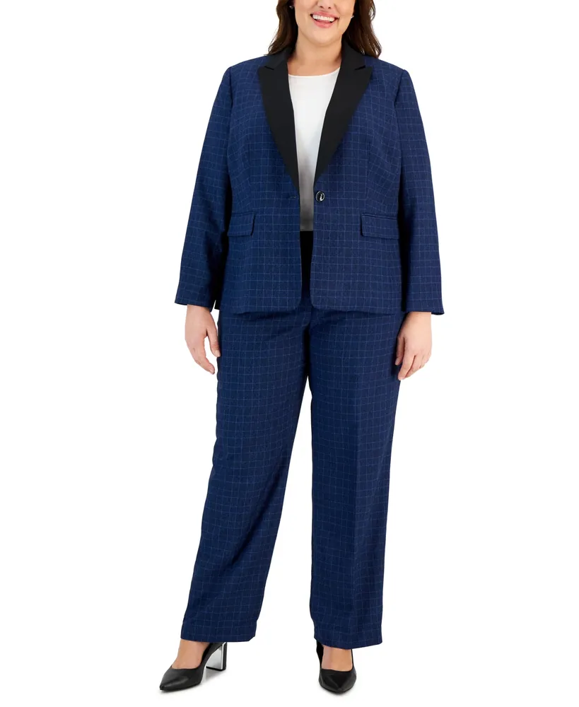 Le Suit Plus Contrast-Collar Windowpane Check Pantsuit