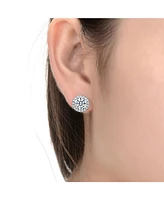 Sterling Silver with Rhodium Plated Clear Round Cubic Zirconia with Small Clear Round Cubic Zirconia Halo Accent Stud Earrings