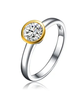 Genevive Circular Shaped Design 14K Gold Plated Sterling Silver Clear Cubic Zirconia Sterling Silver Ring - Two
