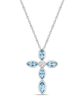 Sterling Silver Simple 1 3/4 (ct. t. w.) Genuine Swiss Blue Topaz and White Topaz Marquise Bezel Set Cross Pendant Necklace