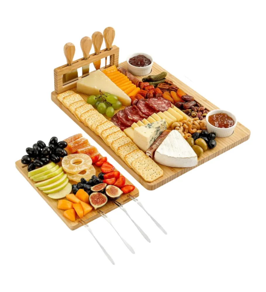 Wooden Cheese Board Set - Extra Thick Bamboo Charcuterie Board Set with 4 Piece Knife Set