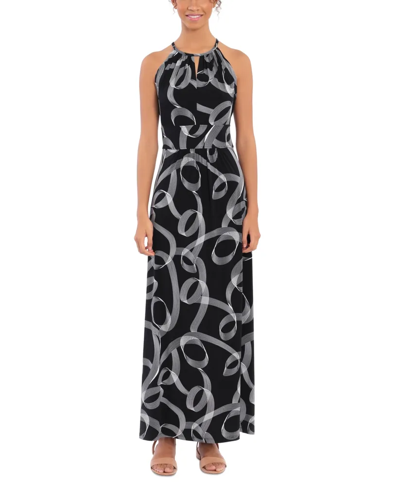 London Times Women's Printed Jersey Halter-Neck Maxi Dress