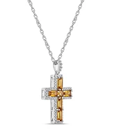 Sterling Silver Halo Birthstone Style Genuine Citrine and White Topaz Fancy Cut Cross Pendant Necklace