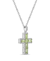 Sterling Silver Halo Birthstone Style Genuine Peridot and White Topaz Fancy Cut Cross Pendant Necklace