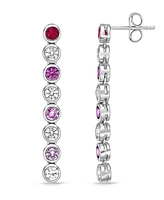 Alternating Multi-Gemstone Round Bezel Set Drop Earrings in Sterling Silver