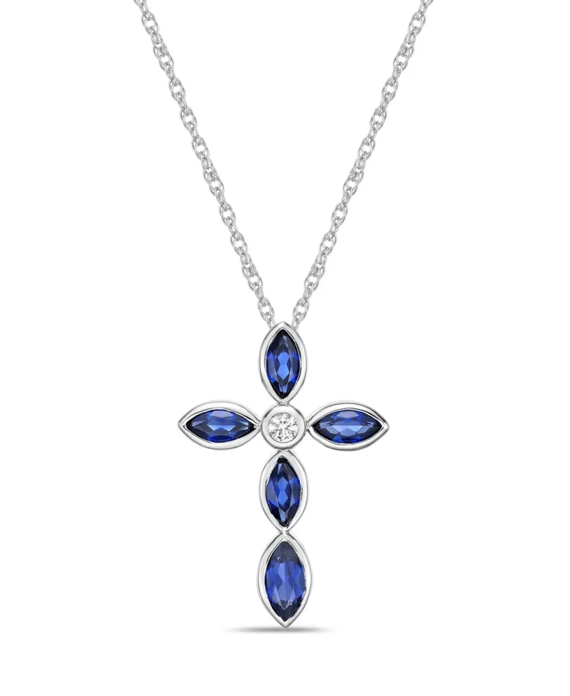 Lab Grown Ceylon Blue Sapphire and Lab Grown White Sapphire (1-7/8 ct. t. w.) Marquise Bezel Set Cross Pendant Necklace