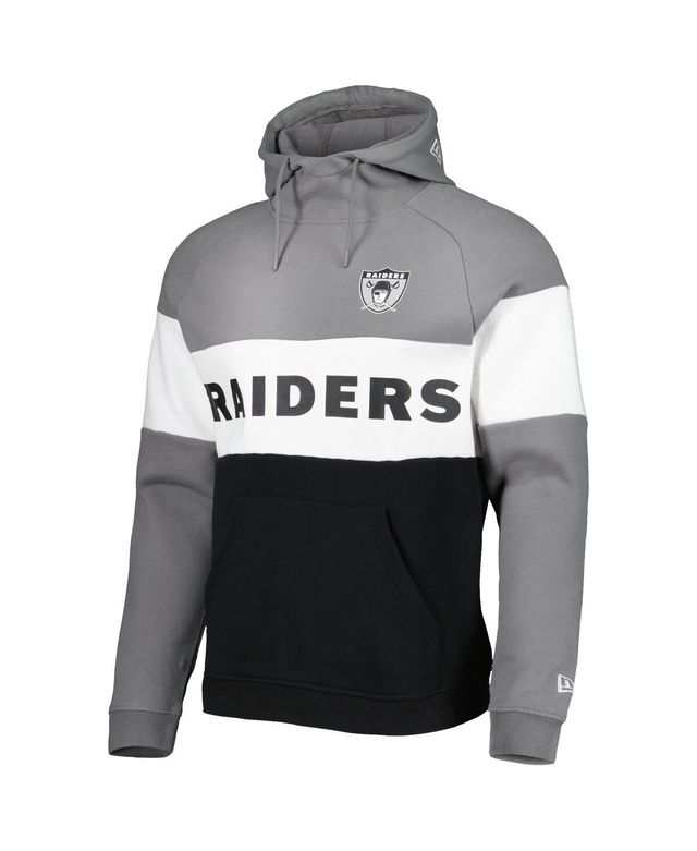 Men's New Era Black and Silver Las Vegas Raiders Colorblock Throwback Pullover Hoodie