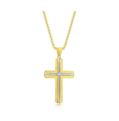 Mens Stainless Steel Gold & Silver Lined Single Cz Cross Necklace
