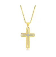 Mens Stainless Steel Gold & Silver Lined Single Cz Cross Necklace