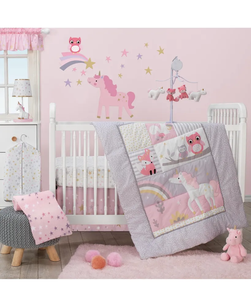 Bedtime Originals Rainbow Unicorn with Fox, Squirrel and Owls Pink/Purple 3-Piece Baby Nursery Crib Bedding Set