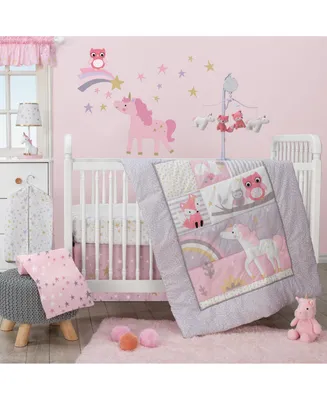 Bedtime Originals Rainbow Unicorn with Fox, Squirrel and Owls Pink/Purple 3-Piece Baby Nursery Crib Bedding Set