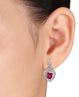 2-Pc. Set Lab-Grown Ruby (4 ct. t.w.) & Diamond (1/4 ct. t.w.) Heart Halo Pendant Necklace and Matching Drop Earrings in Sterling Silver