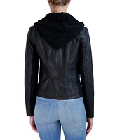 Sebby Collection Women's Hooded Faux Leather Moto Jacket