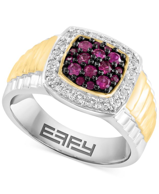 Effy Men's Ruby (1/2 ct. t.w.) & White Topaz (3/8 ct. t.w.) Halo Ring in Sterling Silver and 14k Gold-Plate - Two