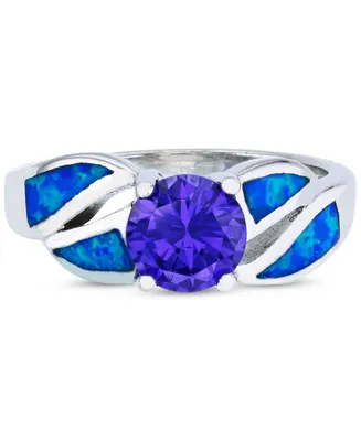 Purple Cubic Zirconia & Lab-Grown Opal Inlay Ring Sterling Silver