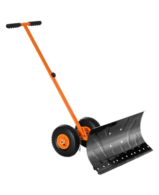 Outsunny Snow Shovel with Wheels Snow Pusher 29" Blade, 10" Wheels, Orange