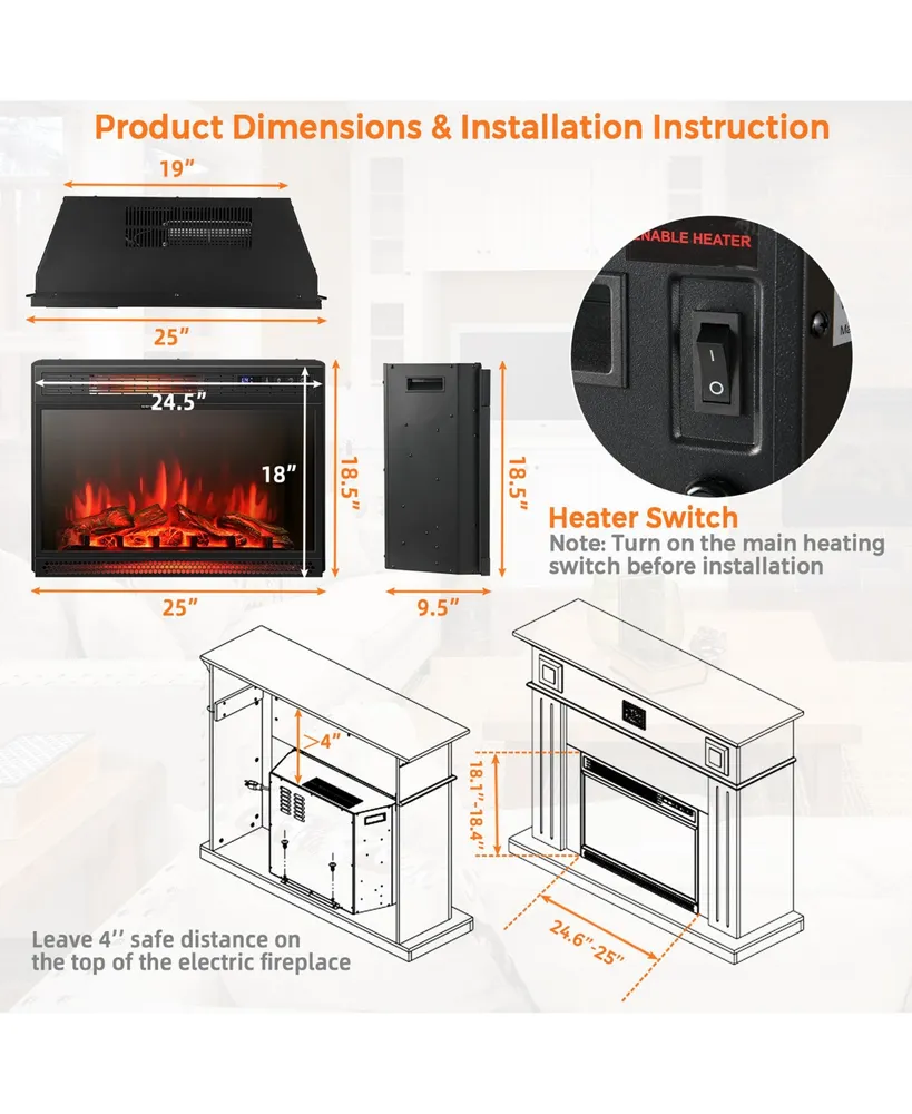 Costway 25''Electric Fireplace Freestanding & Recessed Heater Log Flame Remote