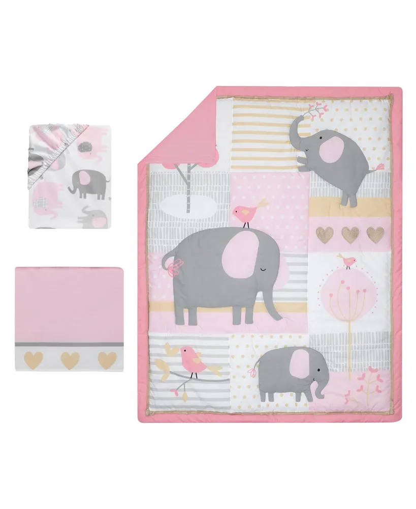 Bedtime Originals Eloise Pink/Gray/Gold/White Elephant 3-Piece Nursery Baby Crib Bedding Set