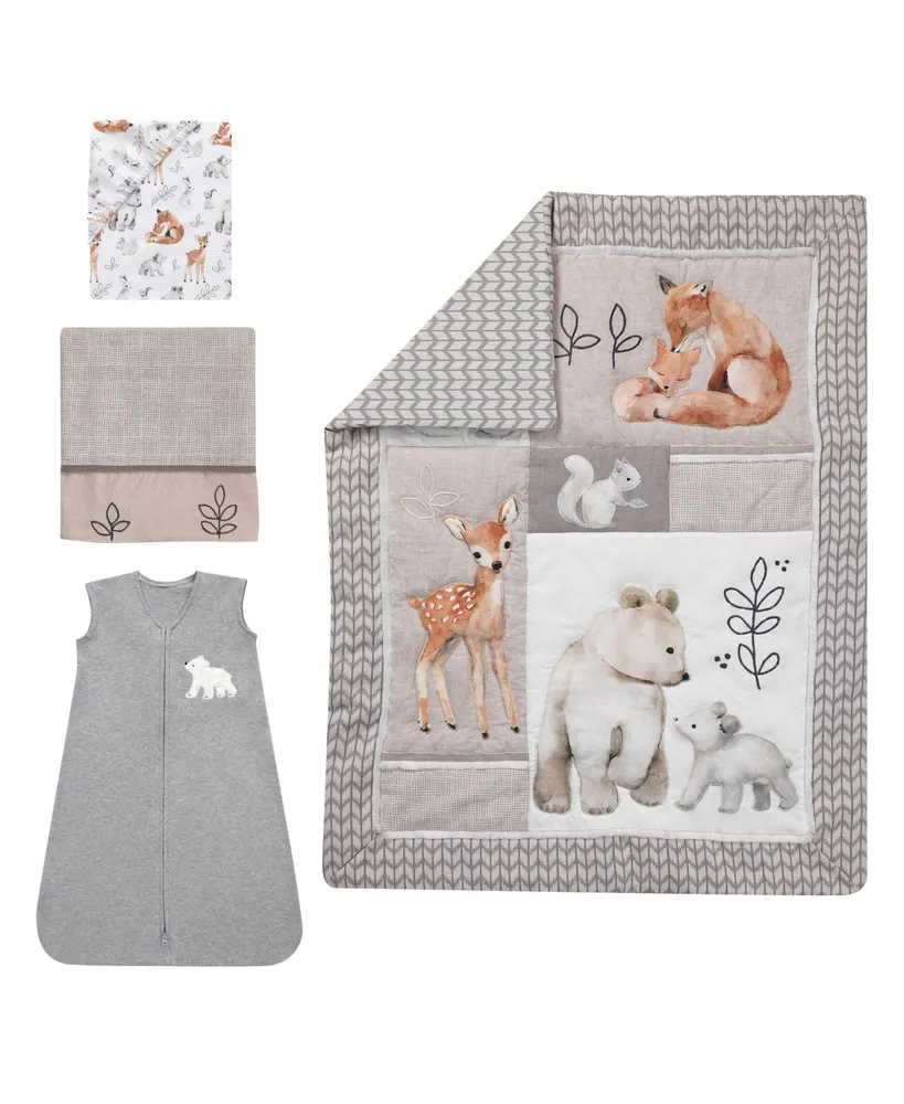 Lambs & Ivy Painted Forest Gray/Beige Woodland Animals 4-Piece Nursery Baby Crib Bedding Set