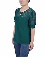 Women's Short Puff Sleeve Top with Lace Sleeves and Yoke