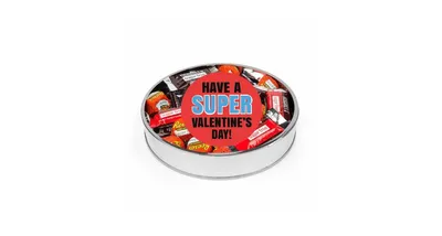 Just Candy Valentine's Day Sugar Free Candy Gift Tin for Kids Large Plastic Tin with Sticker and Hershey's Chocolate & Reese's Mix - Super Hero