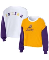 Women's Wear by Erin Andrews Heather Gold Los Angeles Lakers Mixed Letter Cropped Pullover Sweatshirt