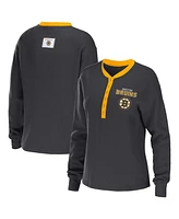 Women's Wear by Erin Andrews Charcoal Boston Bruins Waffle Henley Long Sleeve T-shirt