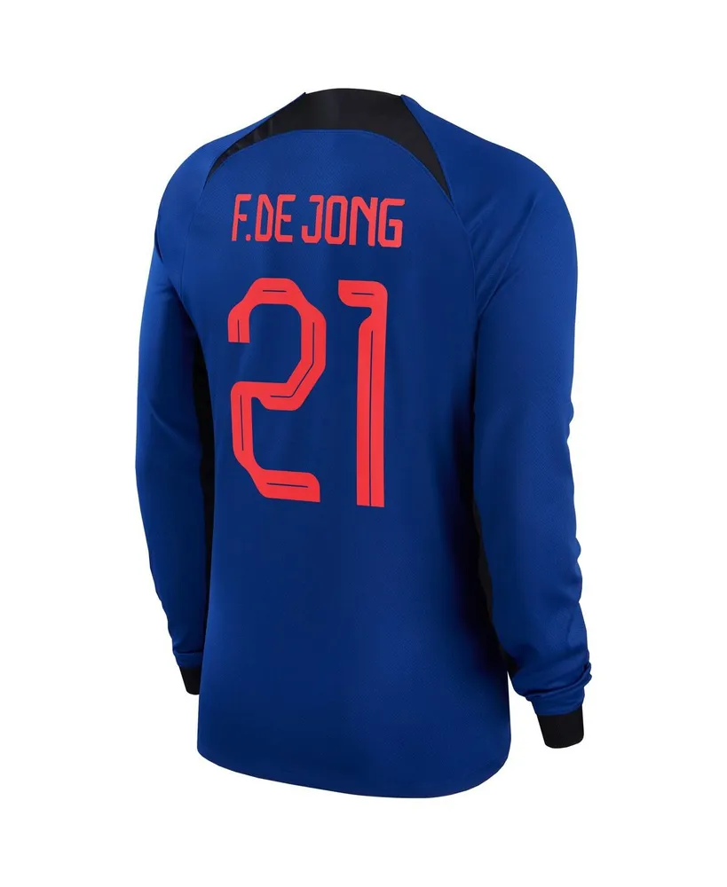 Men's Nike Frenkie de Jong Blue Netherlands National Team 2022/23 Away Breathe Stadium Replica Player Long Sleeve Jersey