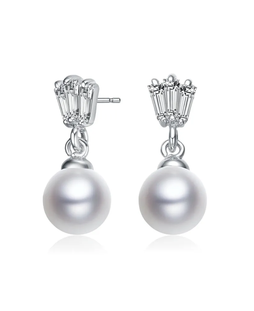 Genevive Gv Sterling Silver White Gold Plated White Round Freshwater Pearl with Clear Baguette Cubic Zirconia Drop Earrings