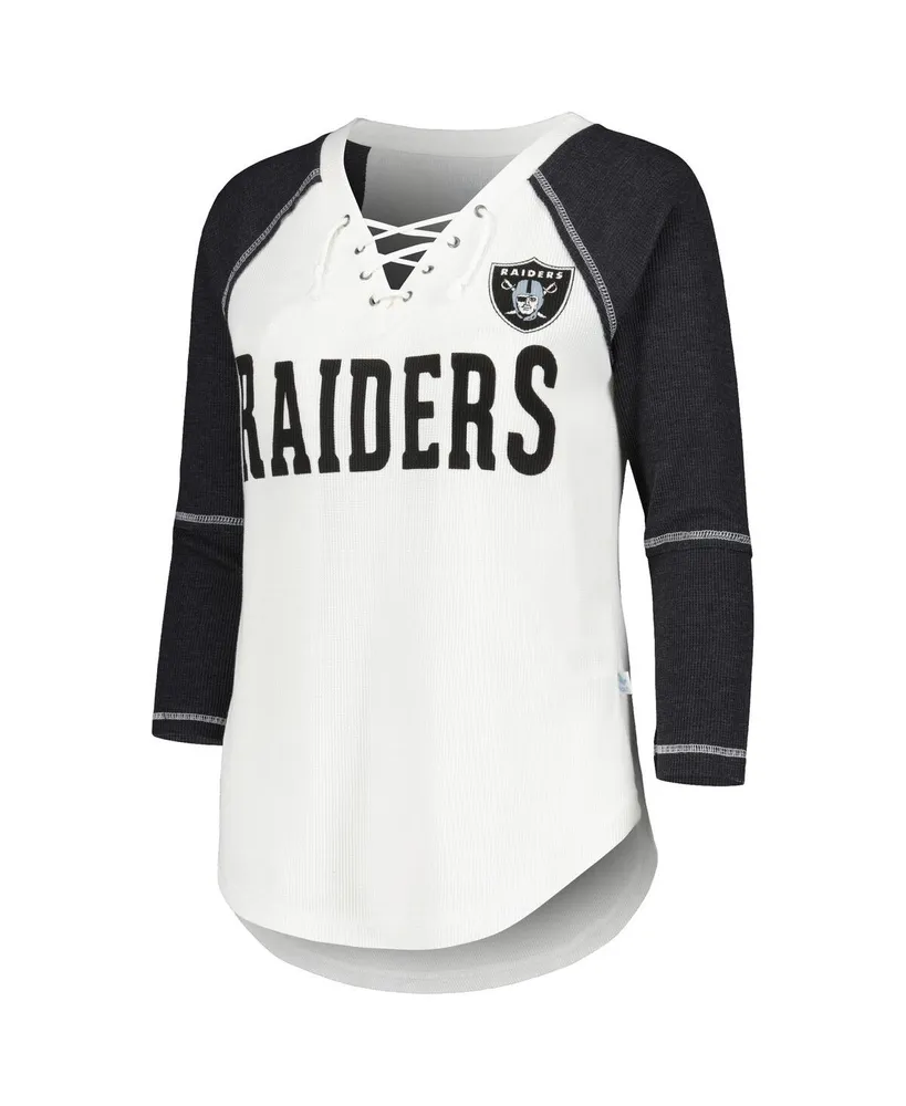 Women's Touch White, Black Las Vegas Raiders Rebel Raglan Three-Quarter Sleeve Lace-Up V-Neck T-shirt