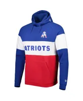 Men's New Era Red, Royal England Patriots Colorblock Throwback Pullover Hoodie