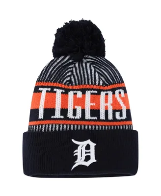 Big Boys New Era Navy Detroit Tigers Striped Cuffed Knit Hat with Pom