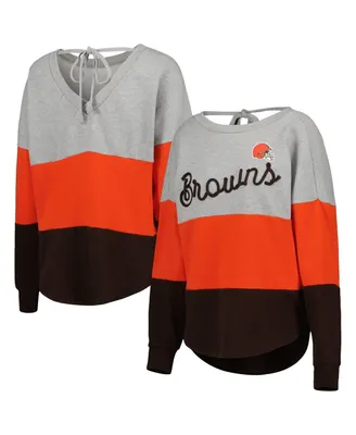 Women's Touch Heather Gray, Brown Cleveland Browns Outfield Deep V-Back Pullover Sweatshirt