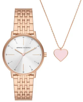 A|X Armani Exchange Women's Three-Hand Rose Gold-Tone Stainless Steel Bracelet Watch, 36mm and Rose Gold-Tone Stainless Steel Necklace Set