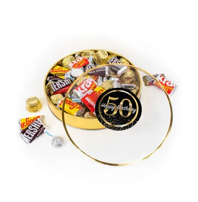 50th Birthday Candy Gift Tin - Plastic Tin with Hershey's Kisses, Hershey's Miniatures & Reese's Peanut Butter Cups - Assorted Pre