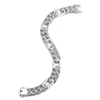 Genevive Men's Sterling Silver White Gold Plated with Iced Out Cubic Zirconia Oblong Curb Chain Bracelet