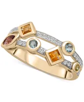 Multi-Gemstone (3/5 ct. t.w.) & Diamond (1/10 ct. t.w.) Bezel Two Row Statement Ring