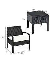 3PCS Patio Rattan Furniture Set Table & Chairs Set with Cushions