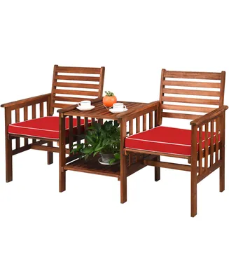 Costway Patio Loveseat Conversation Set Acacia Wood Chair Coffee Table