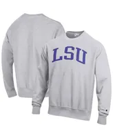 Men's Champion Heathered Gray Lsu Tigers Big and Tall Reverse Weave Fleece Crewneck Pullover Sweatshirt