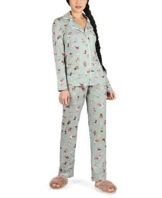 MeMoi Women's Dog And Bone Notch Collar Cotton Blend Pajama Set
